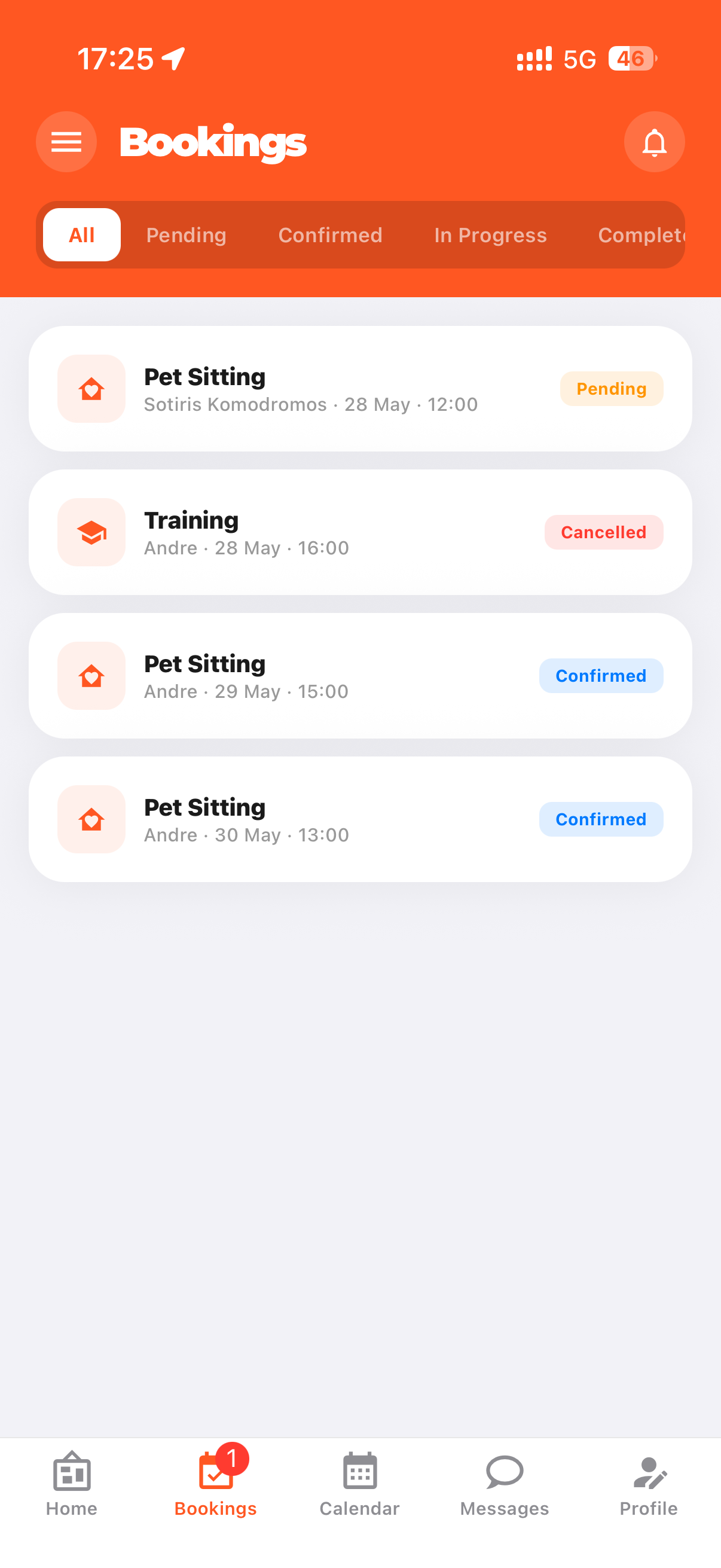 Petie bookings screen