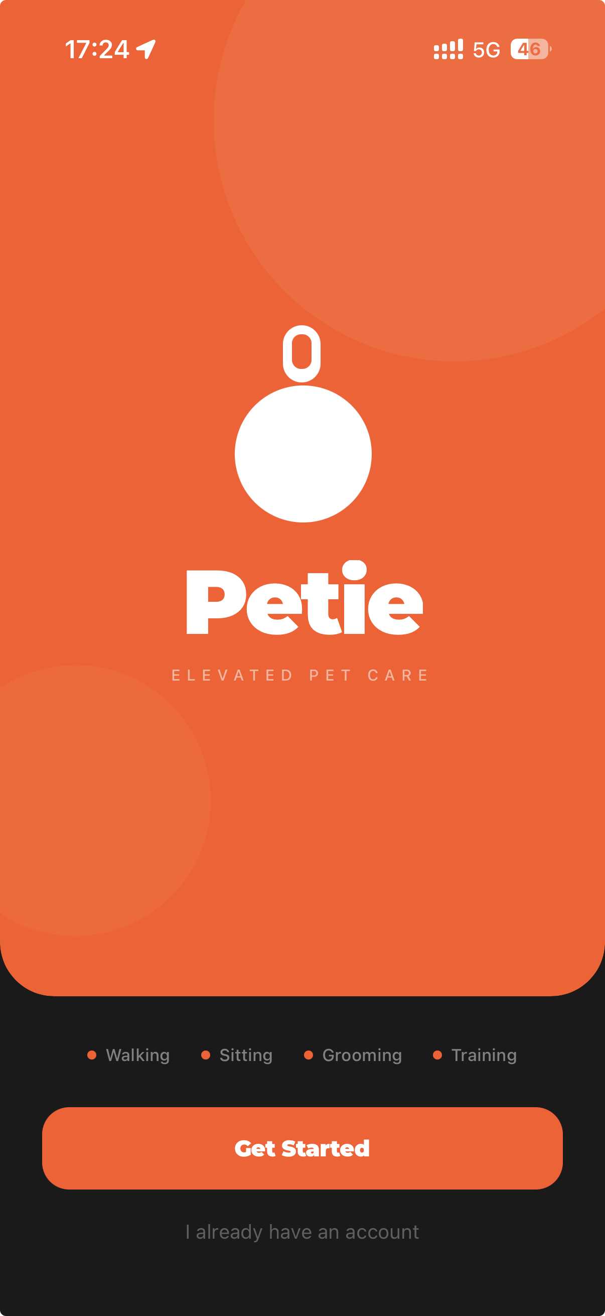Petie app welcome screen
